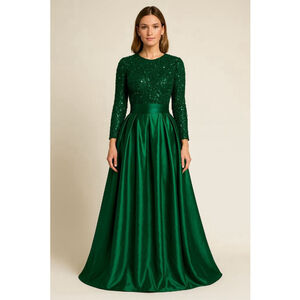 MU XIANG CHEN Green Sequin Long Sleeve Maxi Dress